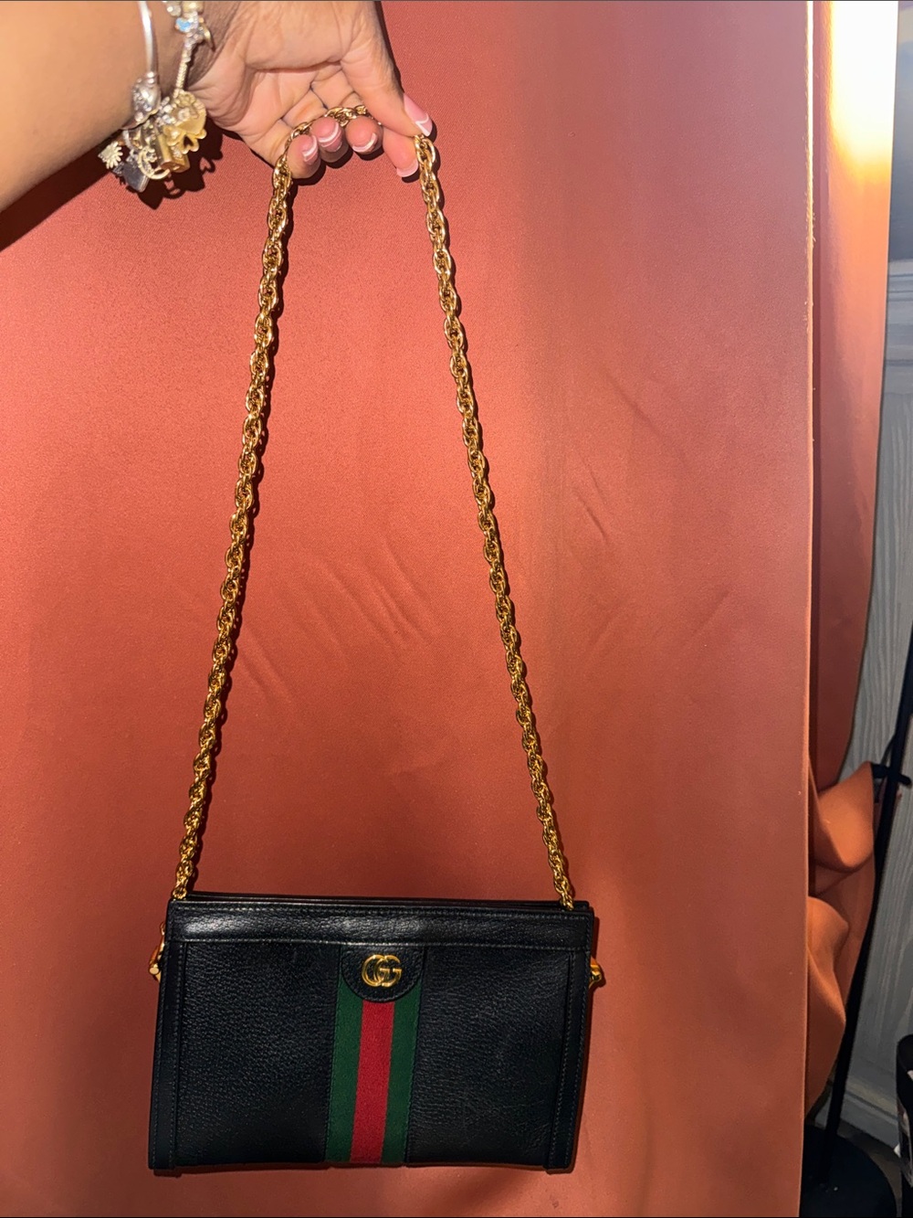 Gucci Black Leather Clutch with Green and Red Stripe and Gold Chain Accent - Picture 7 of 7